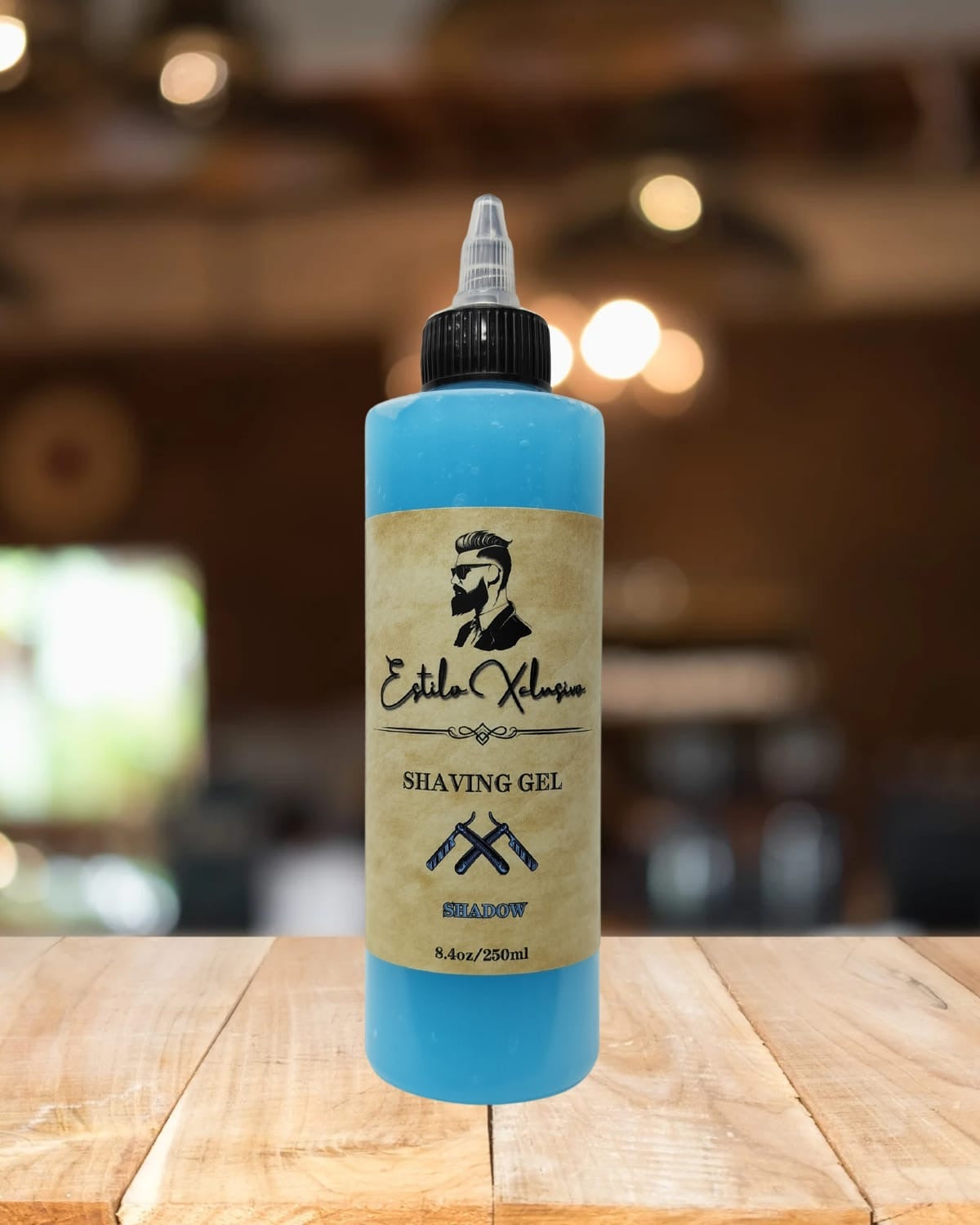 Estilo Exclusivo Shaving Gel – Shadow scent, blue gel in 8.4oz bottle, smooth glide formula for men’s shaving