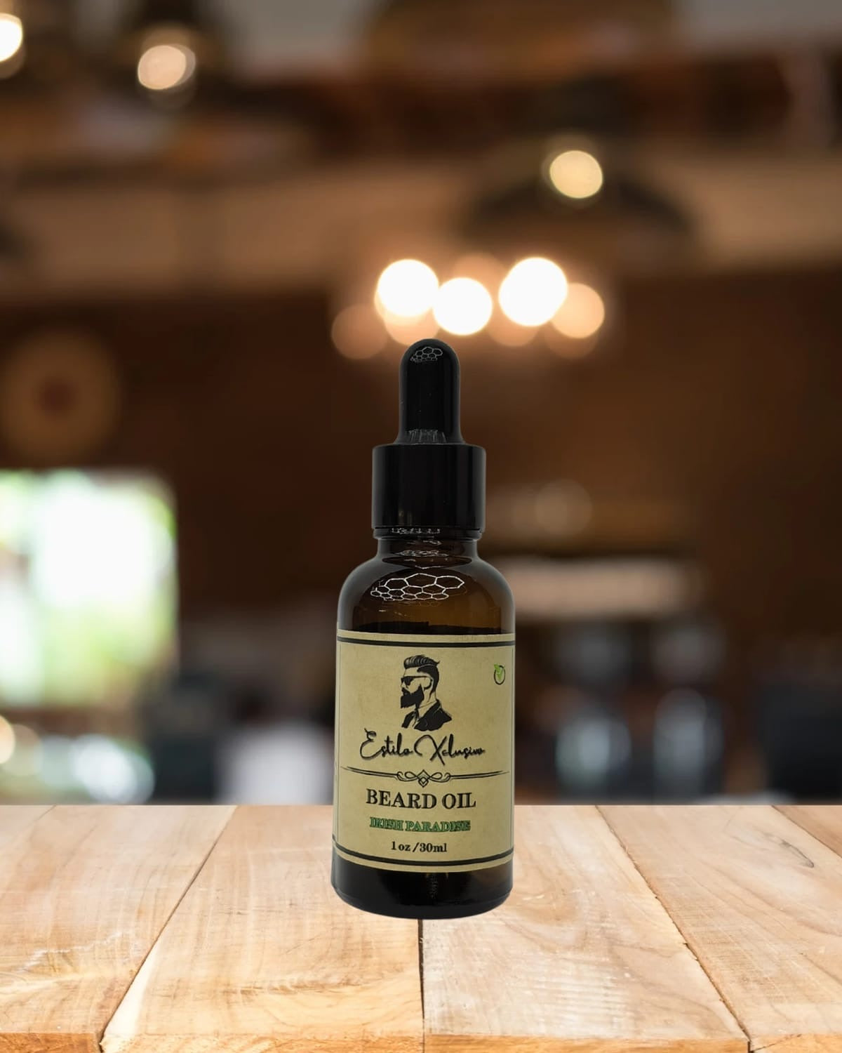 “Estilo Exclusivo Beard Oil – Irish Paradise scent, lightweight beard conditioner, 1oz dropper bottle.”