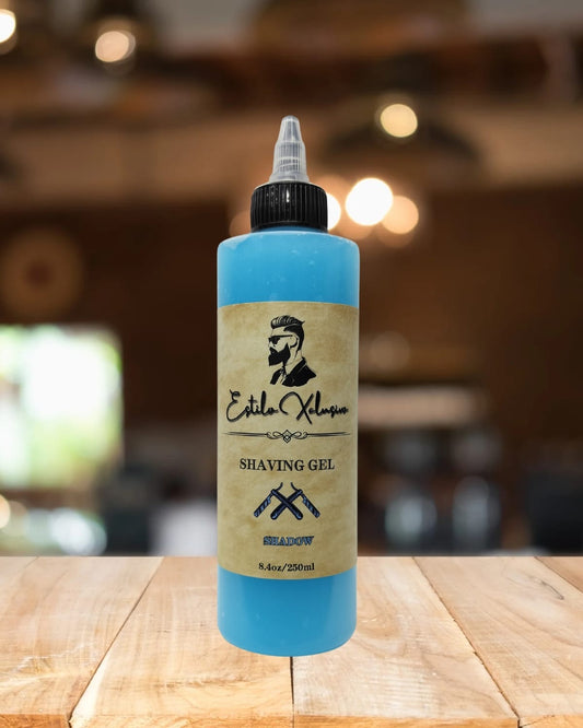 Estilo Exclusivo Shaving Gel – Shadow scent, blue gel in 8.4oz bottle, smooth glide formula for men’s shaving
