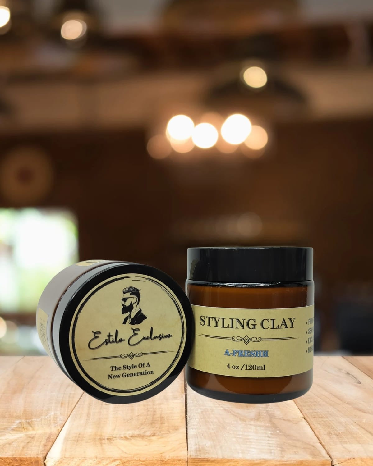 Estilo Exclusivo men’s styling clay – strong hold, matte finish, 4oz hair product jar.